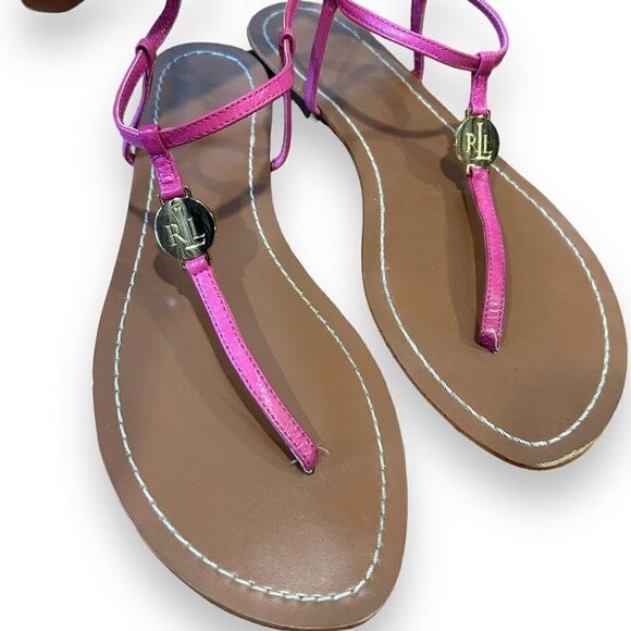 Ralph Lauren Aimon Pink Leather Monogrammed Thong Flat Sandals - Picture 1 of 8